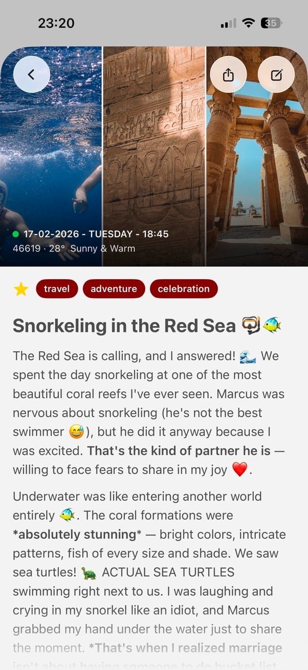 Editorial entry view with photos and metadata