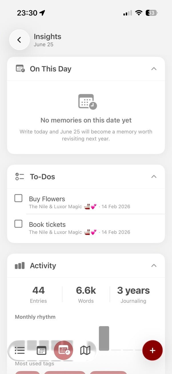 Insights screen with to-dos and stats