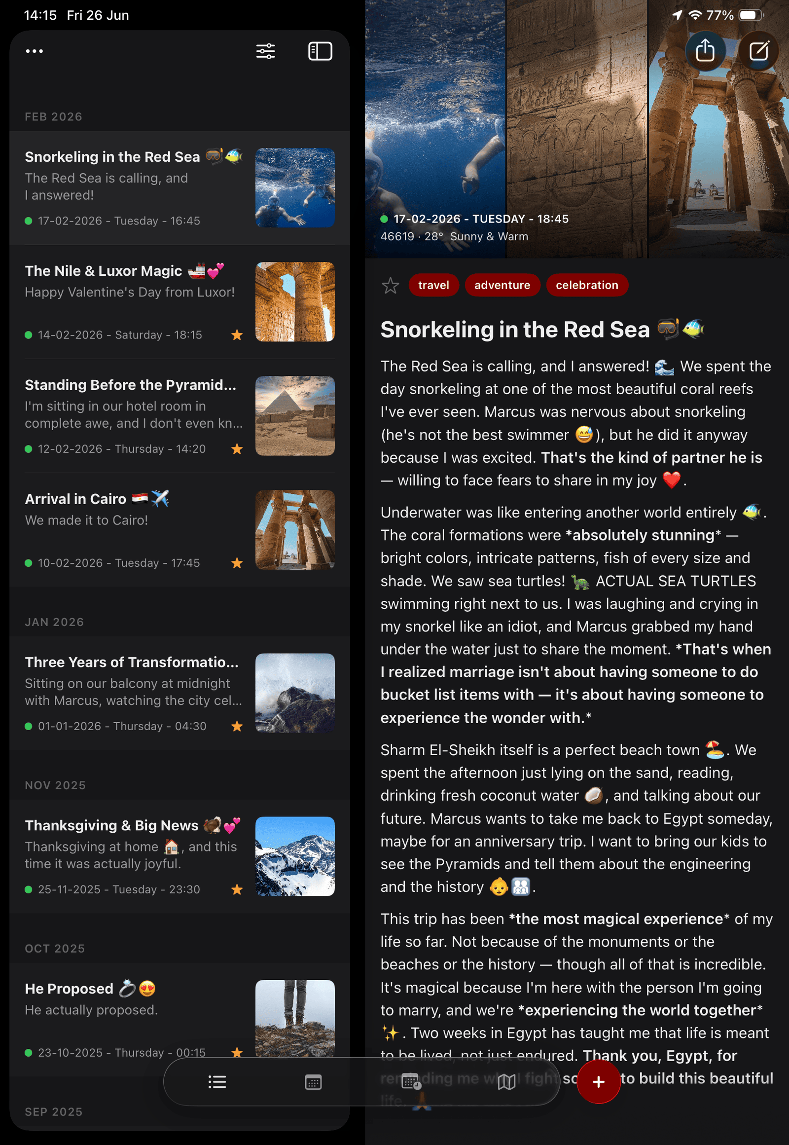 The Log on iPad — split view with entry list and editor
