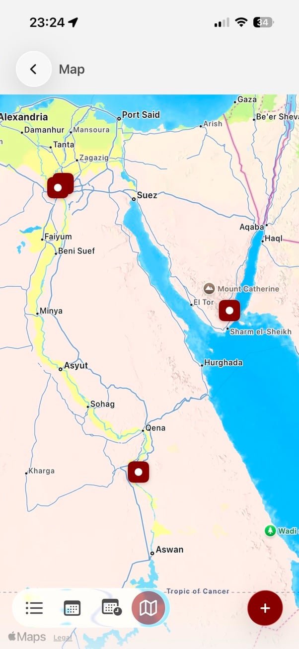 Map view with entry locations pinned